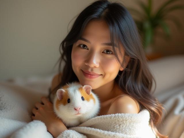 Chloe Tan, environmental wellness guide, relaxing with a guinea pig on a soft blanket.